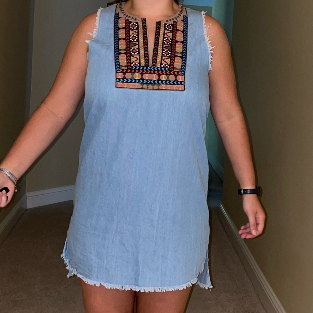 Paper Crane Light Blue Sleeveless Shift Dress with Multicolor Embroidered Yoke